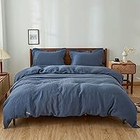Simple&Opulence 100% Linen Duvet Cover Set with Solid Color Basic Style (Classic Blue, King) + 100% Linen Sheets with Striped (Blue, King)
