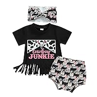 MoZiKQin Western Baby Girl Clothes Cow Letter Print Short Sleeve Tshirt and Shorts Headband Set Boho Summer Clothes