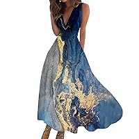Vacation Dresses for Women Boho Floral Printed Dress Summer Sleeveless V Neck Swing Pleated Party Dress 2024
