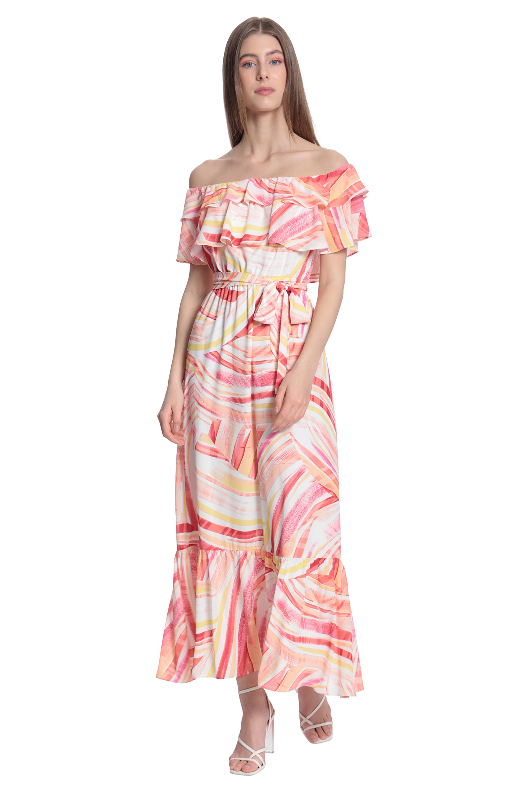 Donna Morgan Women's Maxi Dress with Off The Shoulder Ruffle and Bottom Skirt Tier
