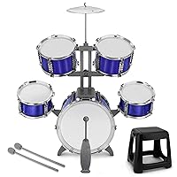 Kids Drum Set 5 Piece Toddlers Jazz Drum Kit with Stool Musical Instrument Toys for 3 4 5 6 7 Year Old Boys Girls Birthday Gift