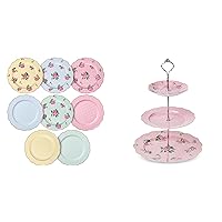 BTaT- Porcelain Floral Plates, Royal Dessert Plates, 8 inch, Set of 8 and 3-Tier Porcelain Dessert Stand, Pink, 12