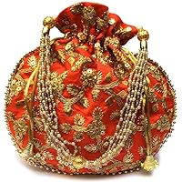 Indian Embroidered Orange Velvet Sequence Work Potli Bag with Pearls Handle Purse Party Wear Ethnic Clutch for Women