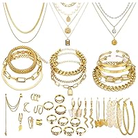 CONGYING 46 Pcs Gold Jewelry Set with 11Pcs Necklace, 11 Pcs anklet and 18 Pcs Earring Ear Cuff,6Hoop Earrings for Women Girls, Fashion Indie Costume Jewerly Pack for Friendship Party Gift