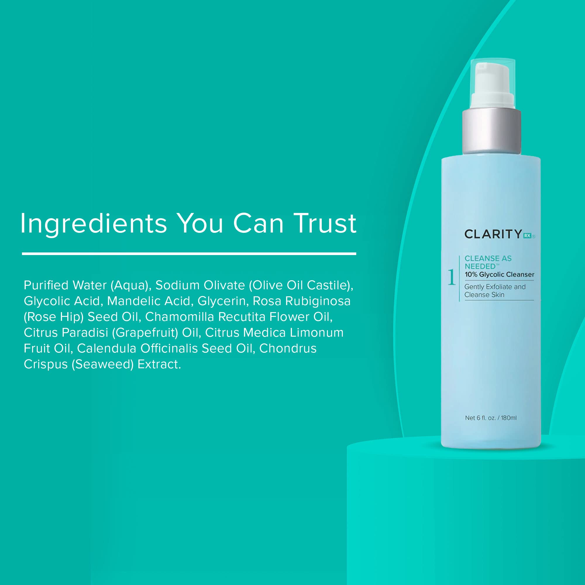 ClarityRx Cleanse As Needed 10% Glycolic Acid Facial Cleanser; Plant Based Exfoliating Face Wash; Paraben Free; Natural Skin Care