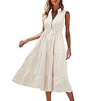 Summer Dresses for Women 2024,Wedding Guests Striped Printed Dresses V Neck Sleeveless Button Ruffle Maxi Dresses