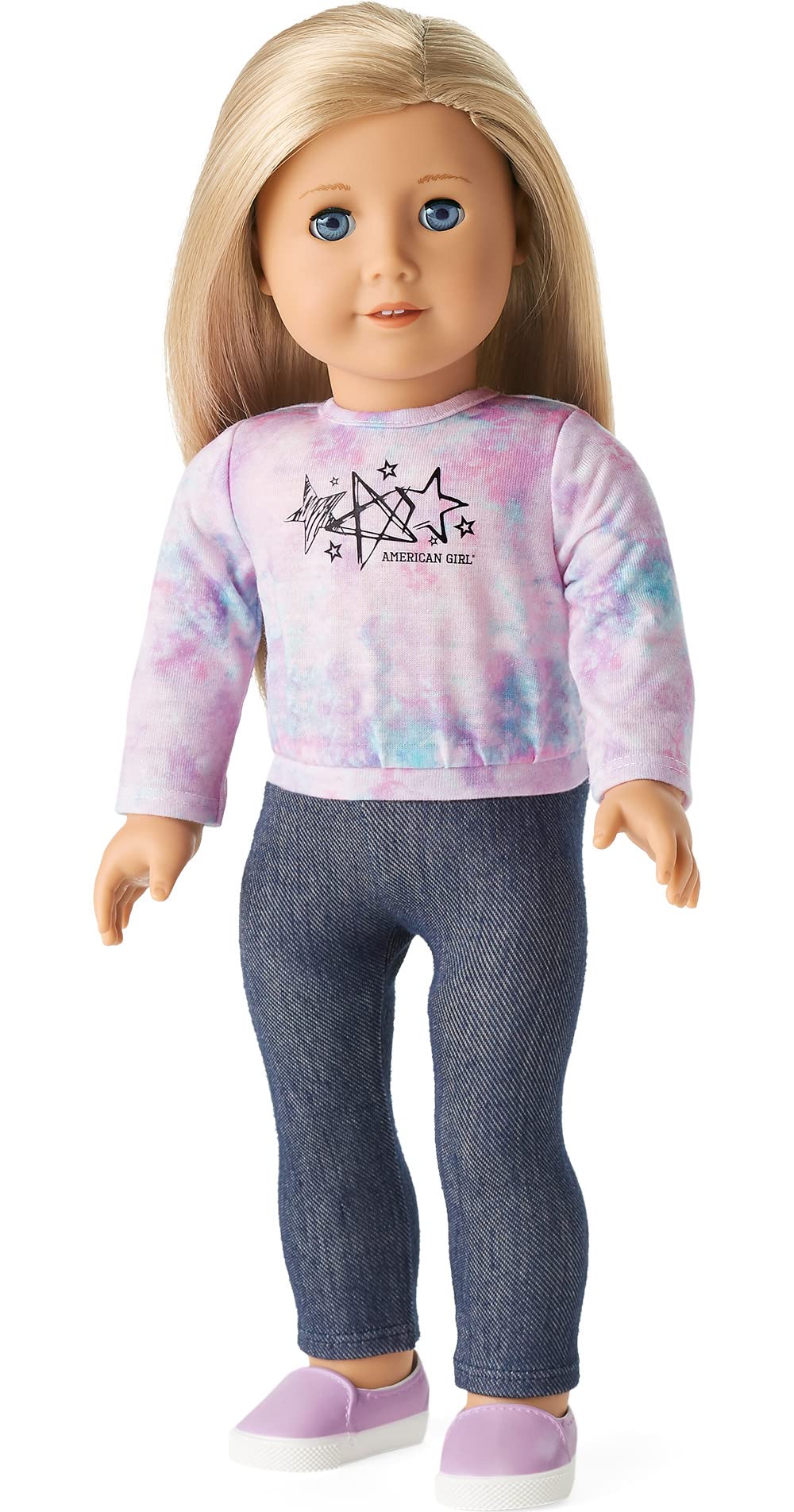 American Girl Truly Me 18-inch Doll 27 and School Day to Soccer Play Set with Blue Eyes, Layered Blonde Hair, Light-to-Medium Skin, Warm Undertones, tie-dye Sweatshirt, Supplies, Game Gear Ages 6+