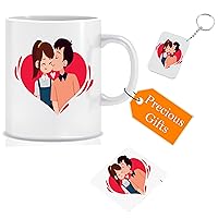 Valentine's Day Gift Printed Ceramic Mug and Keychain and Tea Coaster Combo || Pack of 3 (Coffee Mug, Keychain, Teacoaster) Best Valentine Gift for loving Ones || Special Mockup STYLE-1