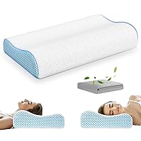 Neck Pillow Memory Foam, Neck/Shoulder Pain Relief, with Replacement Pillowcase【Cooling Ice Silk&Cotton】 Cervical Sleeping Pillow Neck Contour Support Bed Pillow for Side Back Stomach Sleeper