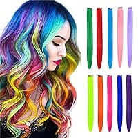 Curlable 10 Colors Hair Extensions Highlight Clip In Colored Hair Extensions Straight Colorful Single Hairpiece For Girls/Women/Kids 22 Inch Multi-Colors Synthetic Party Hair(10pcs/Set)