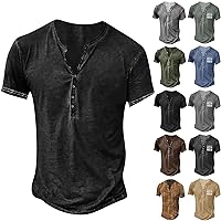 Men's Distressed Henley Shirts Vintage Short Sleeve Button Down Shirt Casual Washed Basic T-Shirt for Men