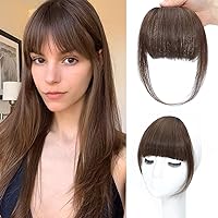 Bangs Hair Clip in Bangs 100% Real Human Hair Extensions Brown French Bangs Clip on Hair Bangs for Women Fringe with Temples Hairpieces Curved Bangs for Daily Wear