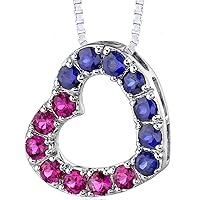 PEORA Created Ruby and Created Blue Sapphire Heart Pendant Necklace for Women 925 Sterling Silver, 1 Carat total Round Shape, with 18 inch Chain