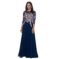Betsy & Adam Women's Long 3/4 Sleeve Embroidered Chiffon Gown