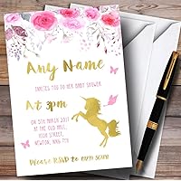 Watercolour Pink Gold Floral Unicorn Invitations Baby Shower Invitations