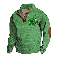Polo Pullover for Men St Patricks Day Printed Mock Neck Button Up Long Sleeve Sweatshirts with Elbow Patches