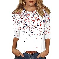 4th of July T-Shirts for Women Patriotic Shirts Women's Casual 3/4 Sleeve T-Shirts Round Neck Tops