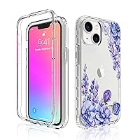 Compatible with iPhone 13 Case 6.1Inch Clear Flower Pattern 360 Full Body Coverage Hard PC + Soft Silicone TPU 2 in 1 Scratch-Resistant Phone Cover Case for Women Girls-Purple Lavender