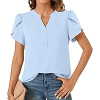 Netsmile Women's Dressy Casual Chiffon Tops Business Button Down Shirt V-Neck Blouse Cap Sleeve Office Top