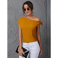 Women's Tops Sexy Tops for Women Shirts Solid Oblique Shoulder Blouse Shirts for Women (Color : Mustard Yellow, Size : Small)