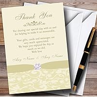 Cream Pale Gold Beige Floral Damask Diamante Personalized Wedding Thank You C...