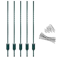 VASGOR T-Post 5 Feet - Sturdy Duty Metal Fence Post – 5 Pack Garden T Posts for Fencing with 15 Zip Ties & 10 Post Clips