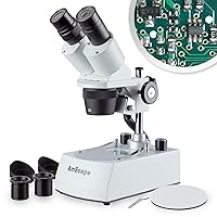 SE306R-P-LED Forward-Mounted Binocular Stereo Microscope, WF10x Eyepieces, 20X and 40X Magnification, 2X and 4X Objectives, Upper and Lower LED Lighting, Reversible Black/White Stage Plate, Pillar Stand, 120V or Battery-Powered