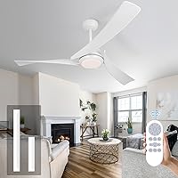 52 Inch White Ceiling Fan with Lights and Remote Control,Dimmable Tri-Color Temperatures LED,Quiet Reversible Motor,3 Blades Modern Ceiling Fans for Indoor or Covered Outdoor Use
