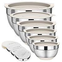 Mixing Bowls with Lids Set, 6 Piece Stainless Steel Nesting Storage Bowls for Kitchen, with 3 Grater Attachments & Non-Slip Bottoms, Size 5.5,3.5,2.5,2.1,1.5,1.1 QT