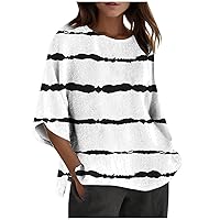 Plus Size Tunic Tops for Women 3/4 Length Sleeve Tops Crew Neck Loose Fit T Shirts Striped Dressy Casual Blouses
