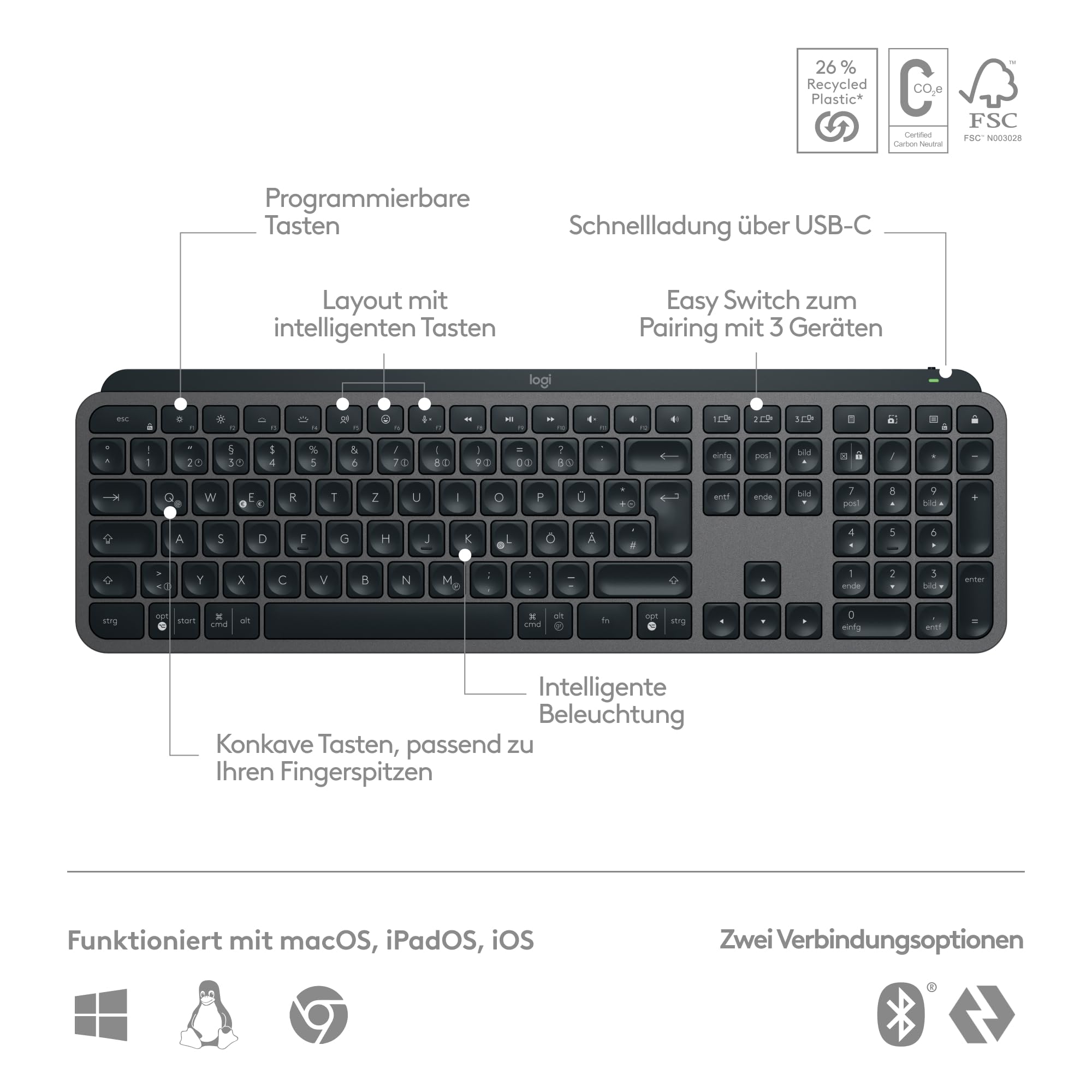 Logitech MX Keys S kabellose Tastatur, Low Profile, Precise Quiet Typing, Programmable Keys, Backlighting, Bluetooth, Rechargeable, für Windows PC/Linux/Chrome/Mac - Graphit, Deutsches QWERTZ-Layout