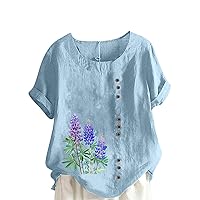 Summer Women Cotton Linen Tshirt Tops Casual Loose Fit Trendy Floral Printed Tunic Tees Short Sleeve Button Blouses