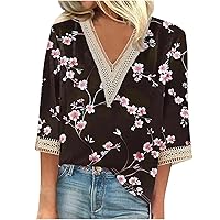 Womens 3/4 Sleeve Tops Floral Summer Tshirts 2024 Lace Crochet V Neck Blouse Three Quarter Length Sleeve Tunic Tops