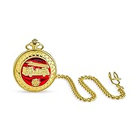 Bling Jewelry Personalize Roman Numeral White Skeleton Dial Mens Fireman Department Emblem for Firefighter Fire Engine Pocket Watch Red Enamel Gold Plated with Long Pocket Chain