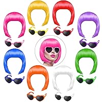 KUUQA 16 Pieces Party Wigs and Sunglass Set, Short Bob Wig Sunglass Pack Costume Colorful Cosplay Wig Party Hairpieces for Bachelorette Party, Halloween and Decorations