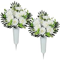 XONOR Artificial Cemetery Flowers for Grave, Set of 2 Artificial Dahlia Bouquet Memorial Flowers with Vase for Outdoor Cemetery Graveyard Decoration (White)