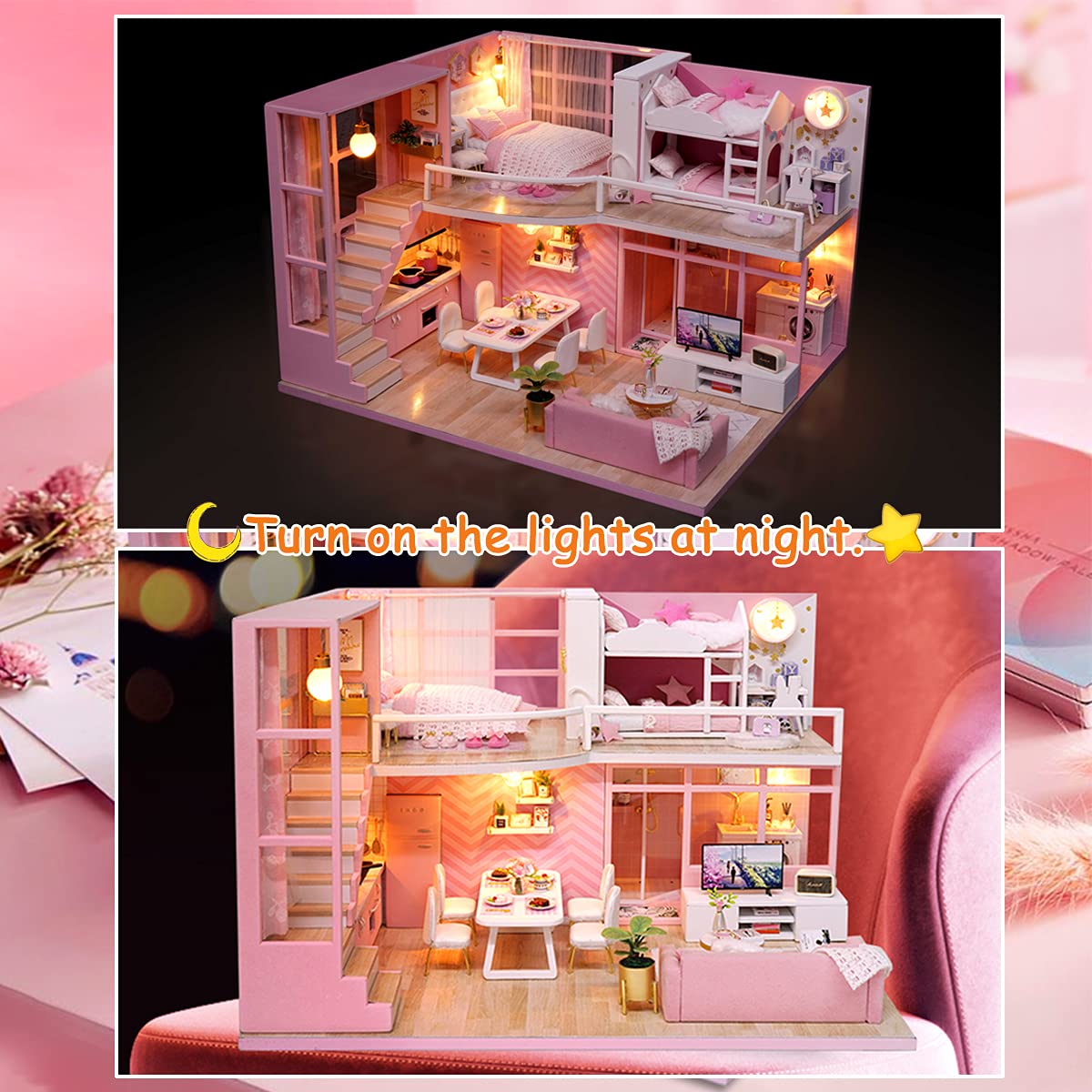 TuKIIE DIY Miniature Dollhouse Kit with Furniture, 1:24 Scale Creative Room Mini Wooden Doll House Accessories Plus Dust Proof & Music Movement for Kids Teens Adults(Dream Angels)