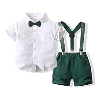 Toddler Baby boy Pure White Short-Sleeved Lapel Shirt with Suspenders Shorts Suit Boys Summer Cloths (Green,3-4 Years)