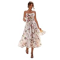 Organza Prom Dress Sleeveless Print Suspender Dress Midi Homecoming Dress Spaghetti Strap Summer Party Dress
