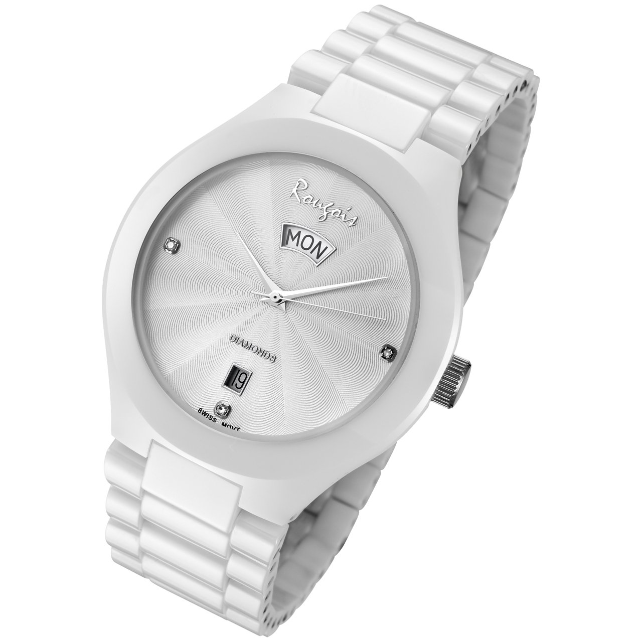 Rougois Men's White Ceramic Watch with Genuine Diamonds