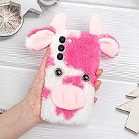 LUVI 3D Cute Compatible with Galaxy S24 Plus Case Plush Furry Fuzzy for Women Fuzzy Fluffy Cartoon Cow Fur Hair Girly Protection Cover for Galaxy S24 Plus Phone Case Pink
