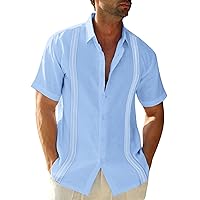 Mens Linen Cuban Guayabera Button Down Shirts Short Sleeve Casual Summer Beach Tops