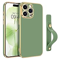GUAGUA for iPhone 15 Pro Case 6.1 Inch with Wrist Strap Slim Soft Electroplated TPU iPhone 15 Pro Phone Case Shockproof Protective Adjustable Wristband Kickstand Case for iPhone 15 Pro, Matcha Green