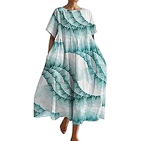 Women 2024 Boho Summer Maxi Dress for Women Short Sleeve Crewneck Casual Trendy Flowy Loose Dress