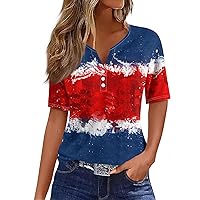 Womens 4th of July Shirts Patriotic Flag Print Oversized Workout Tops Summer Short Sleeve Button V Neck Soft Tees
