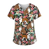 Scrub Tops Women Print Patterned Turtleneck Short Sleeve Shirt Plus Size Short Sleeve Workout Shirts for Women