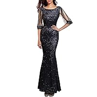 Womens Mid Sleeve Sequin Evening Prom Formal Mermaid Gowns Dress