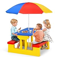 HONEY JOY Kids Picnic Table, Toddler Plastic Outdoor Table & Bench Set with Umbrella, Children Patio Furniture Set for Backyard Garden, Kids Picnic Tables for Outdoors, Gift for Boys Girls Age 3+