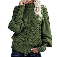 Women's Long Lantern Sleeve Turtleneck Sweater Cable Knit Pullover Casual Chunky Sweaters Fall Loose Jumper Tops