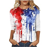 4th of July Shirts Women 3/4 Sleeve Summer Tops US Flag Printed Patriotic T Shirt Casual Stars Independence Day Tee Tops